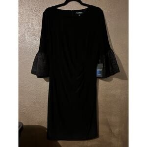 LRL Lauren Ralph Lauren Office Academia Faux Wrap Jacquard Bell Sleeves Dress